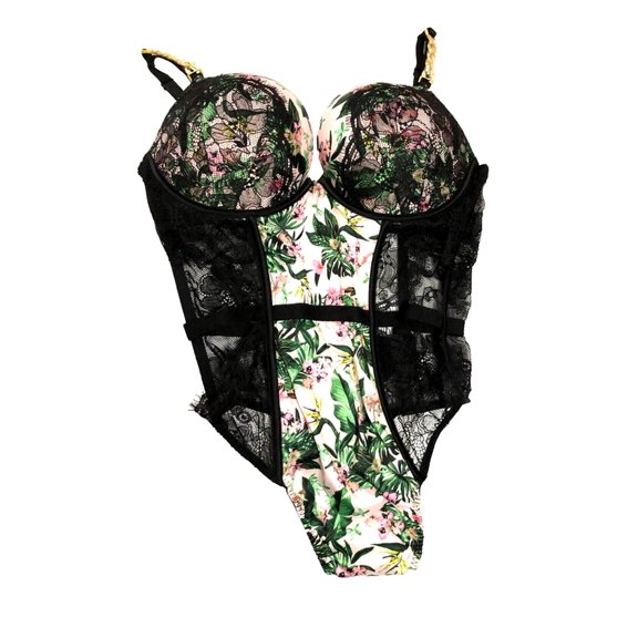 Victoria’s Secret Very Sexy Bombshell Add 2 Cups Bra Rhinestone Chain Light Pink Floral Teddy Size Large NWT