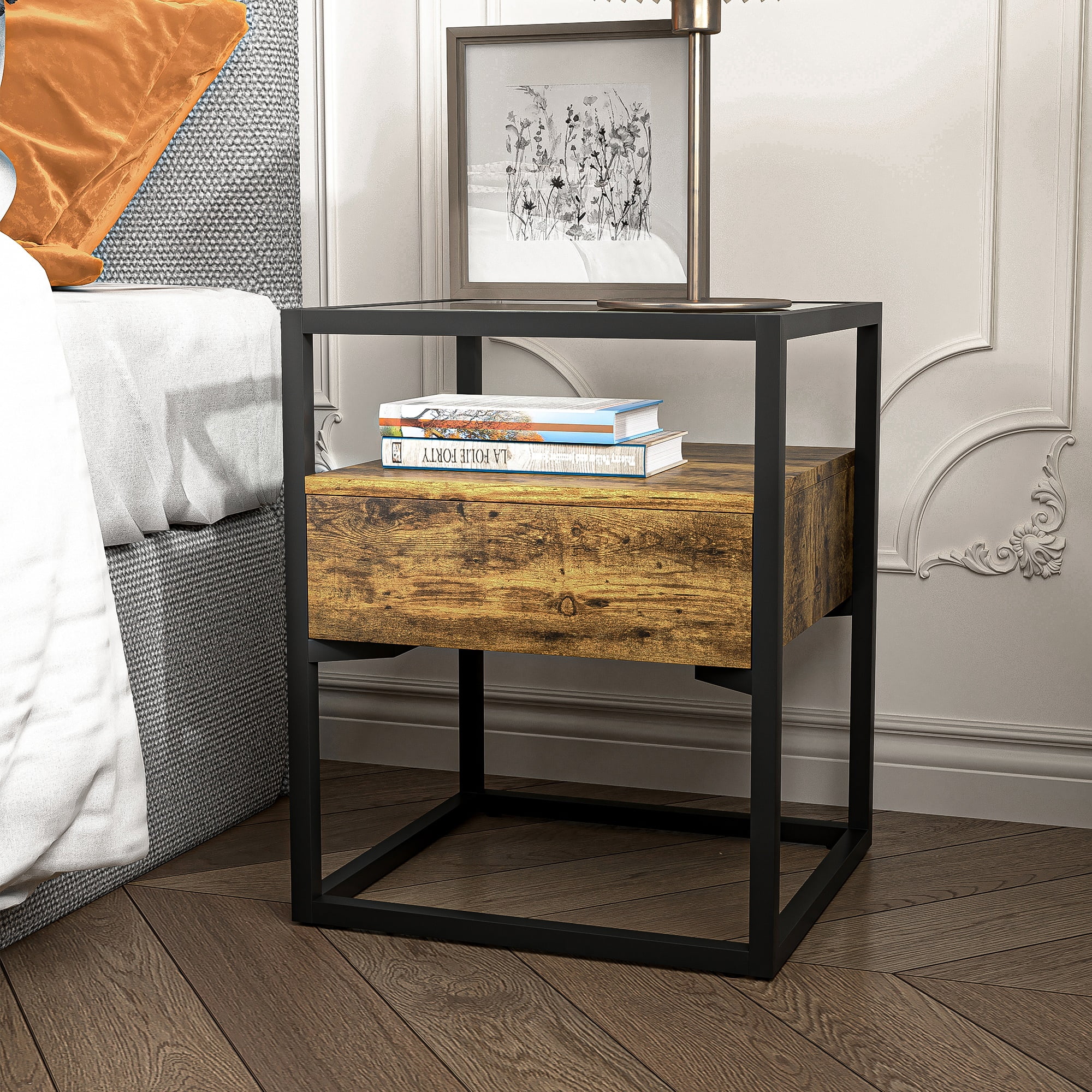 Kadyn Modern Nightstand, Glass Bedside Table with Drawers, Nightstand Side Table for Bedroom, Brown