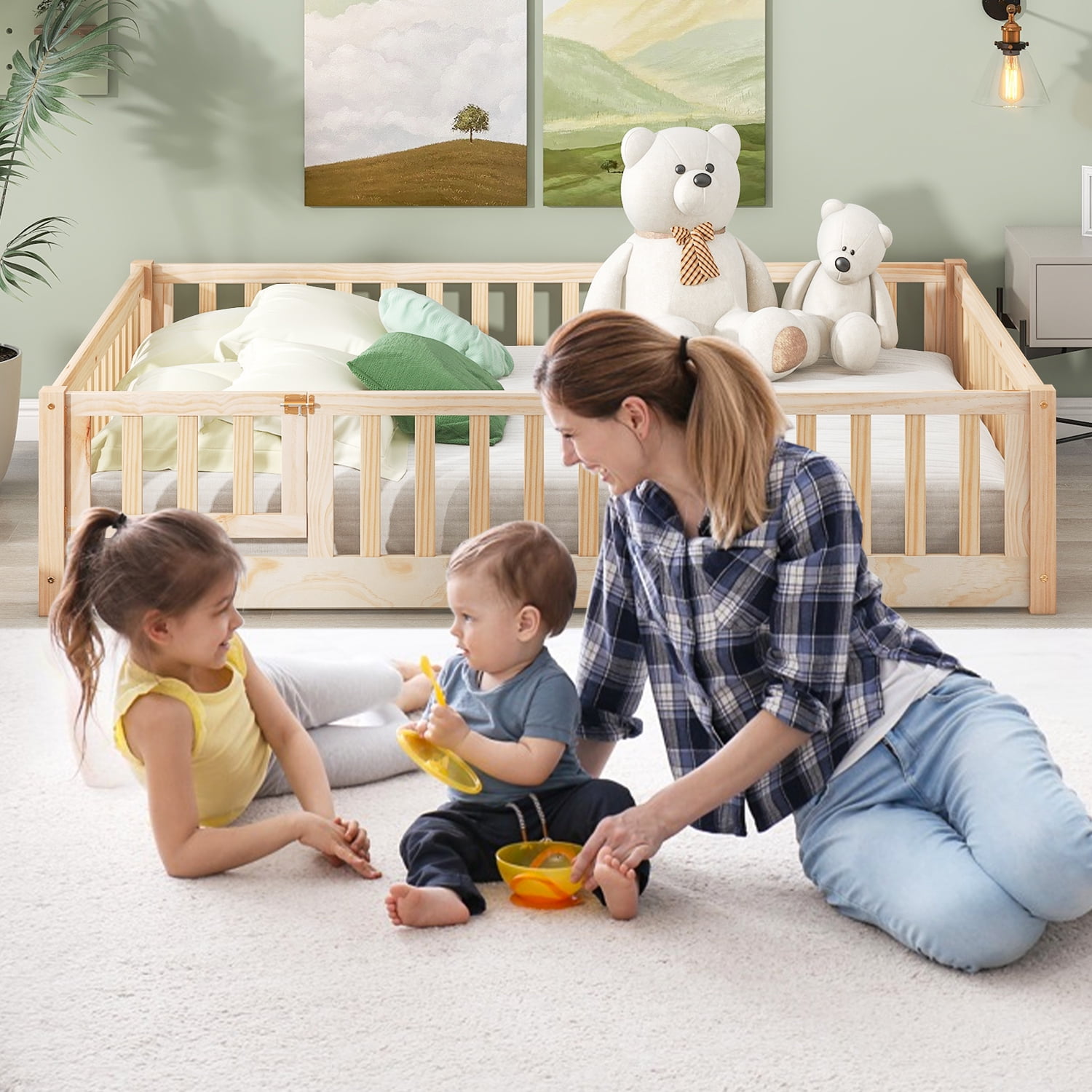 Queen Floor Bed for Kids, Sturdy Wood Montessori Bed Frame with Wood Slats, Fence & Door, Montessori Floor Bed for Girls and Boys, Natural (with Bed Slats)