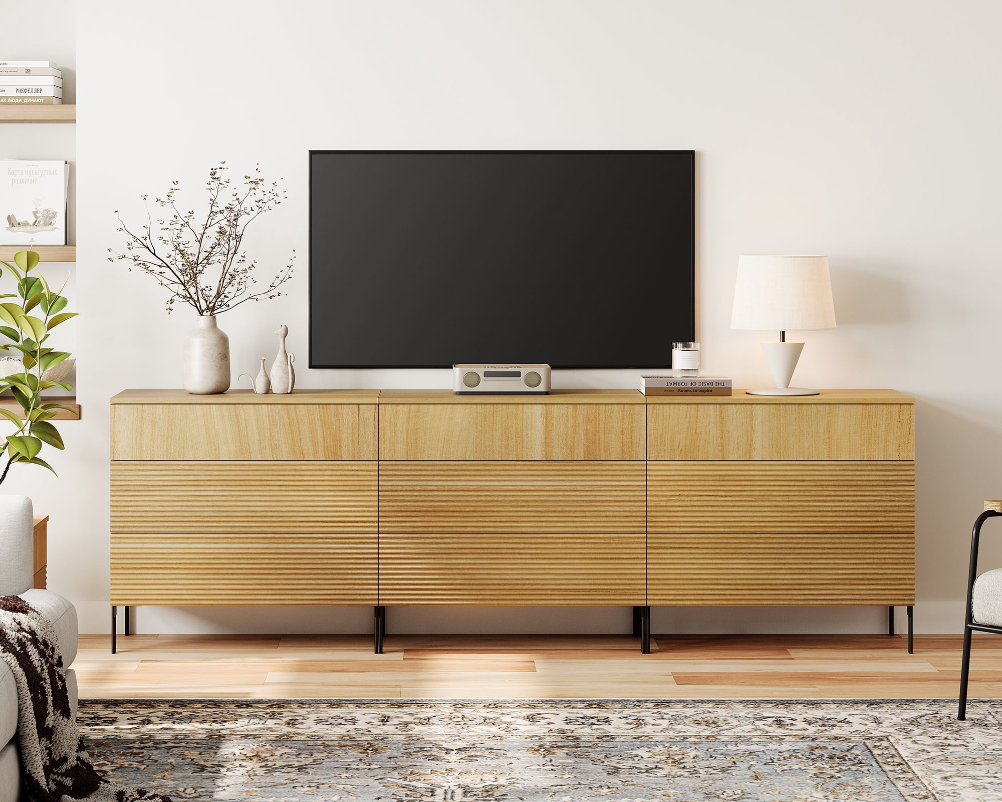 Modern 9 Drawer Dresser TV Stand for TVs up to 100 Inch, Reeded Entertainment Center, Wood TV Console with Storage for Living Room