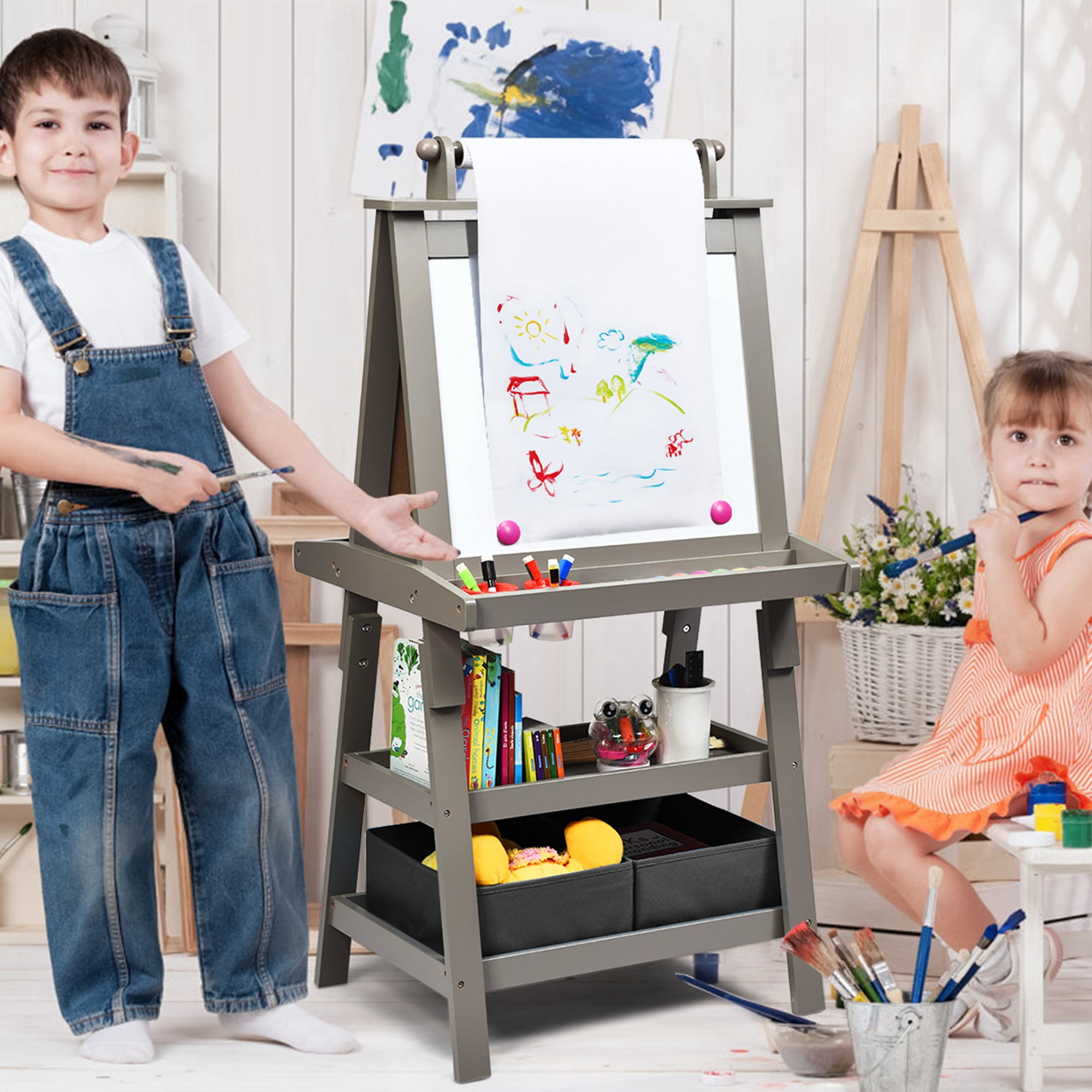 Costway 3 in 1 Double-Sided Wooden Kid's Art Easel Whiteboard Grey