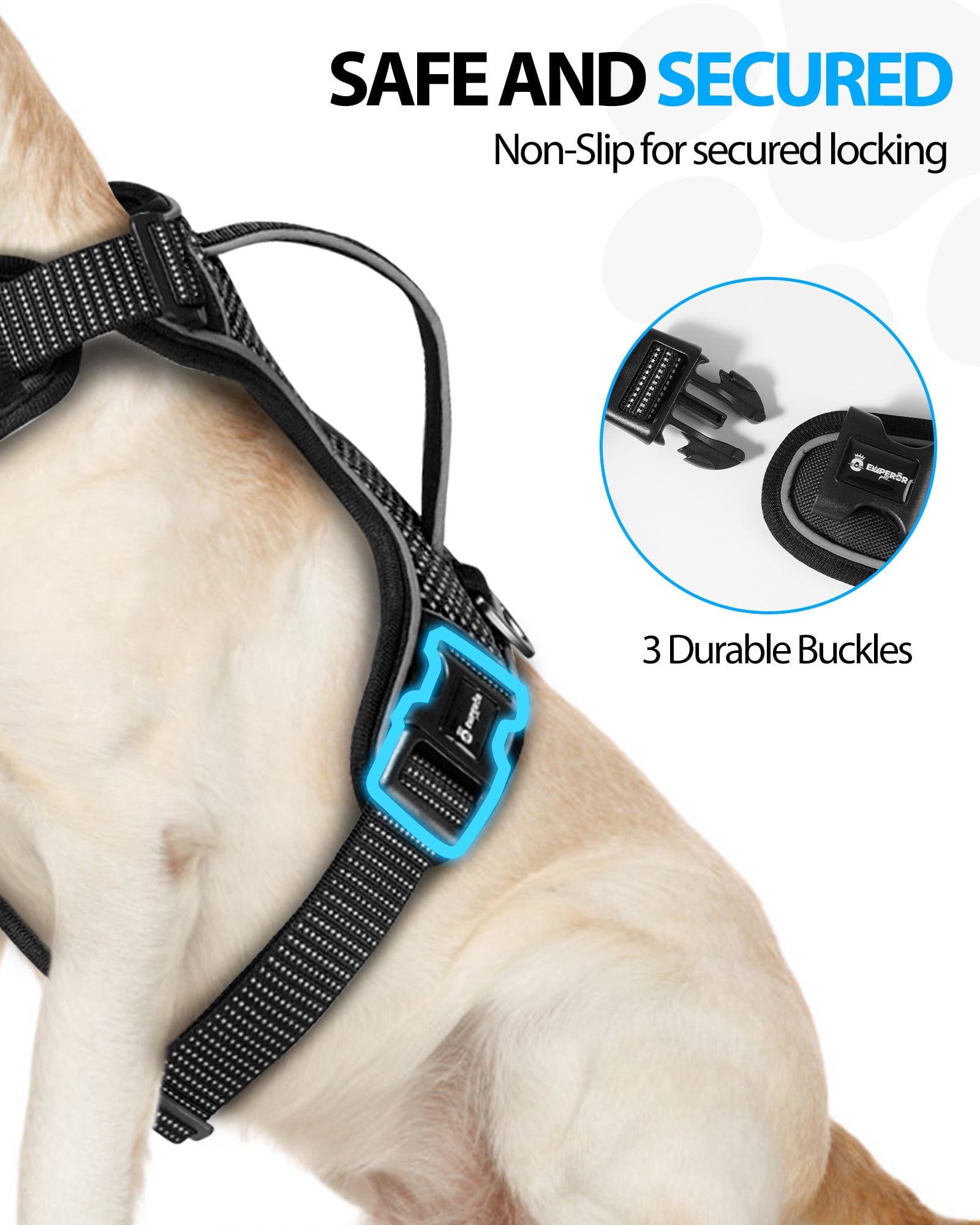 Emperor Pets Black Reflective Dog Harness Medium Sized Dog - No Pull Dog Harness with 2 Leash Clips, Premium Oxford Soft Padded Harness Medium Size Dog, Medium Dog Harness (M, Black)