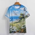 thumbnail image 3 of Lighthouse Sunrise Coast Scenery Pale Blue Tan Womens Tops Women's Fashion Casual Short Sleeve Flower Print Round Neck Pullover Top Blouse, 3 of 6