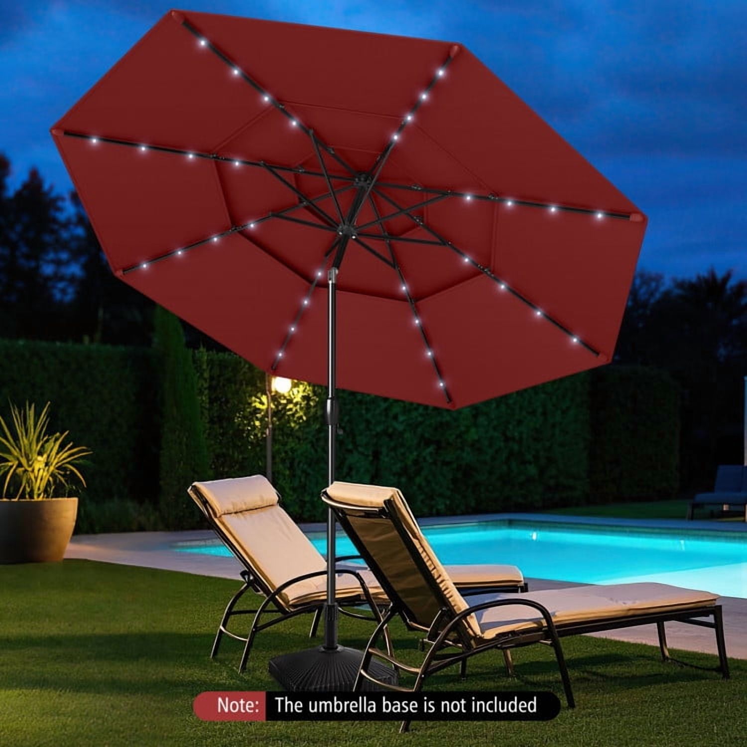 YYAo Outdoor Garden Umbrella,Market Umbrella,10 Feet Solar Patio Umbrella with 32 LED Lights 3-Tier Vented Top-Wine