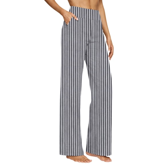 Iyufng Linen Pants Women Striped Straight Leg Pants Summer High Waist Loose Casual Trousers