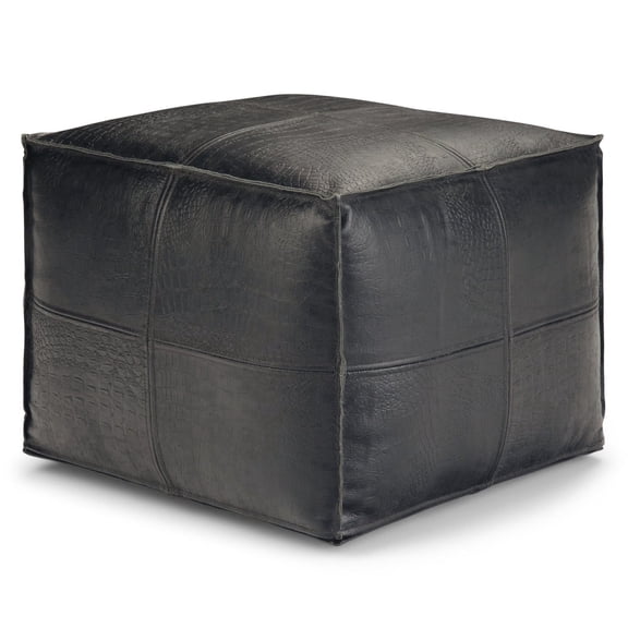 Simpli Home Bowen 18 inch Wide Boho Square Pouf in Black Genuine Leather