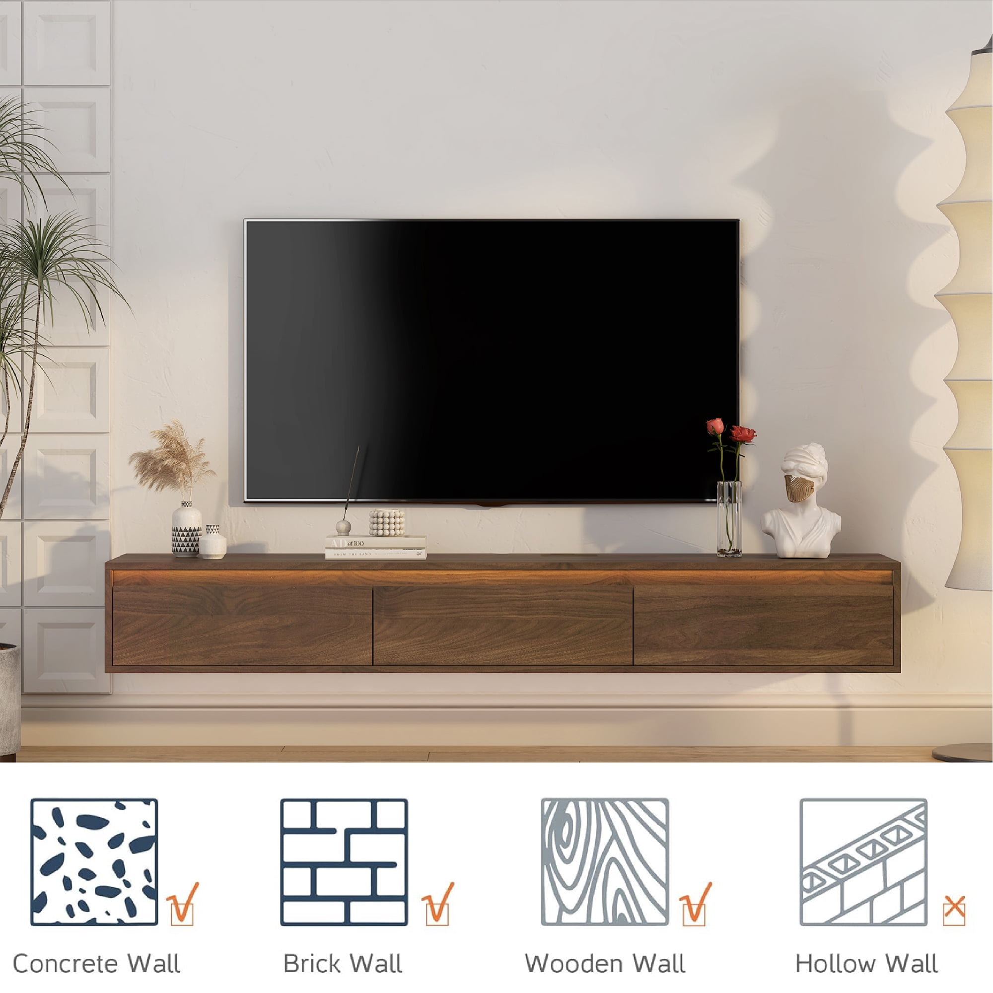 Aukfa Floating TV Stand for TVs up to 65" 70",Wall Mounted TV Shelf High Gloss TV Cabinet,Brown