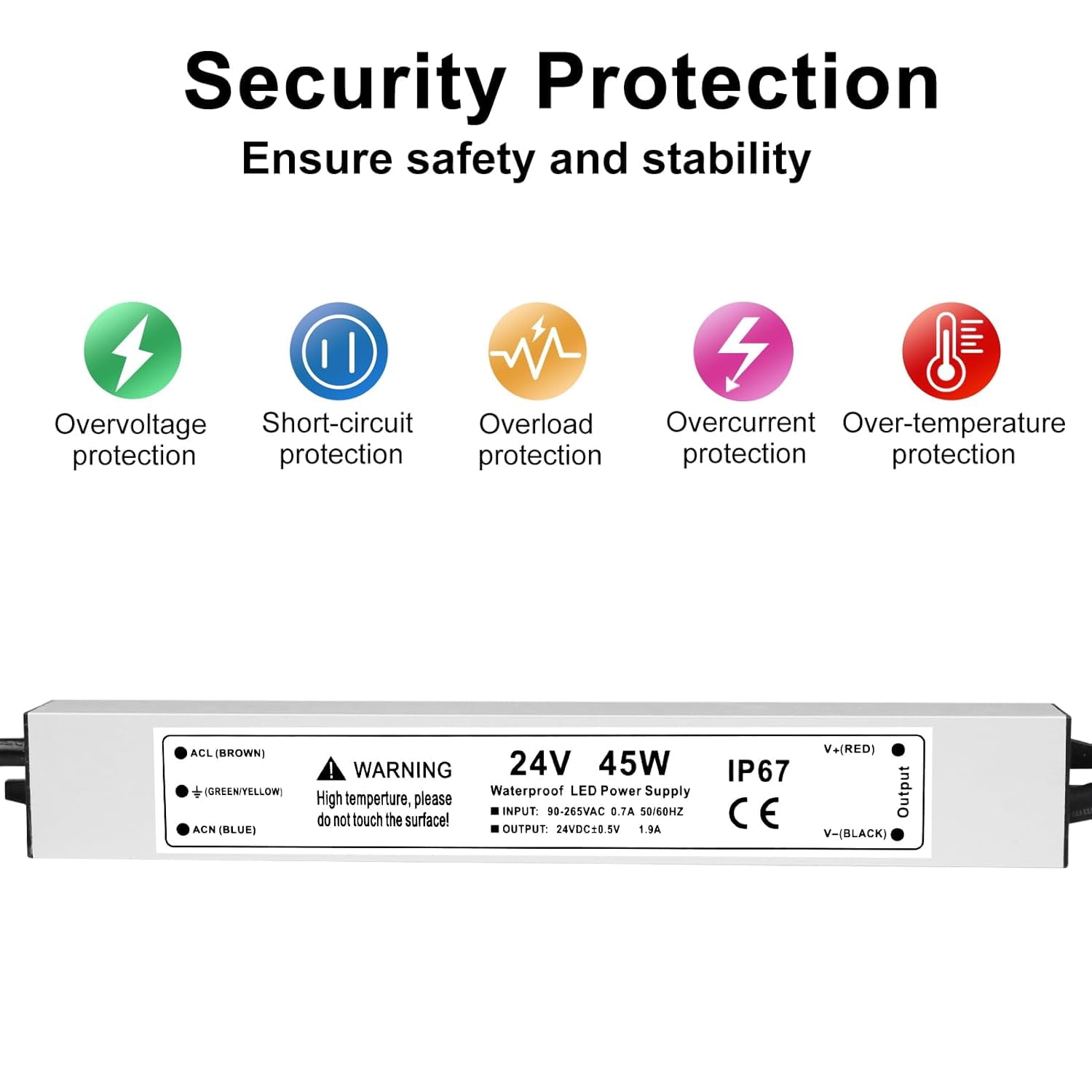 JJEAN-1.9A 45W 24 Volt LED Power Supply, 110V AC to 24V DC Converter, Waterproof IP67 Driver Low Voltage Transformer Power Adapter for Indoor Outdoor LED Lights