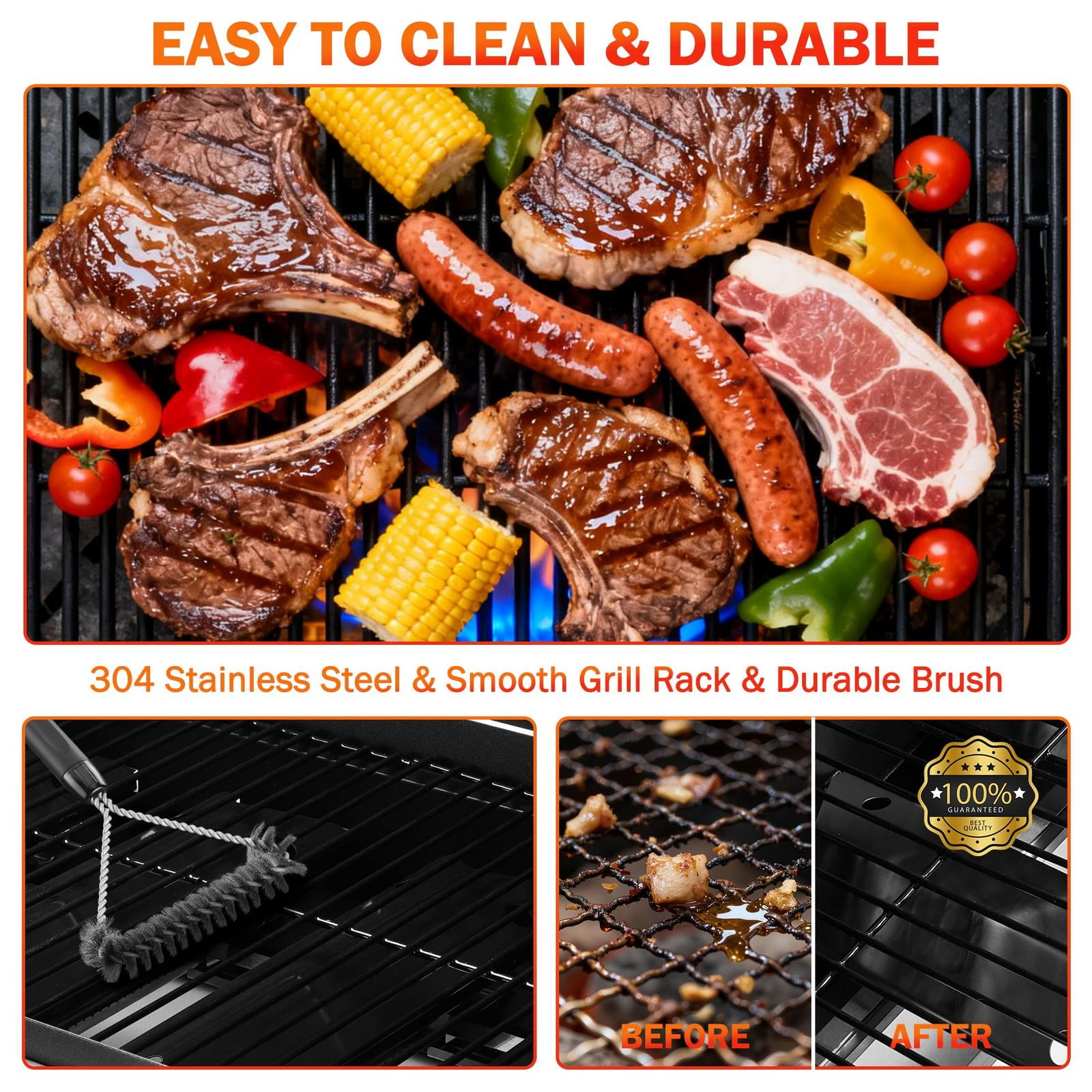 BBQ Grill, Seizeen 30,000 BTU 3-Burner Gas Grill Portable, Backyard Camping Propane Grill with  Daul Zone, Foldable Table, Hanging Basket, Steel Brush, Universal Wheels