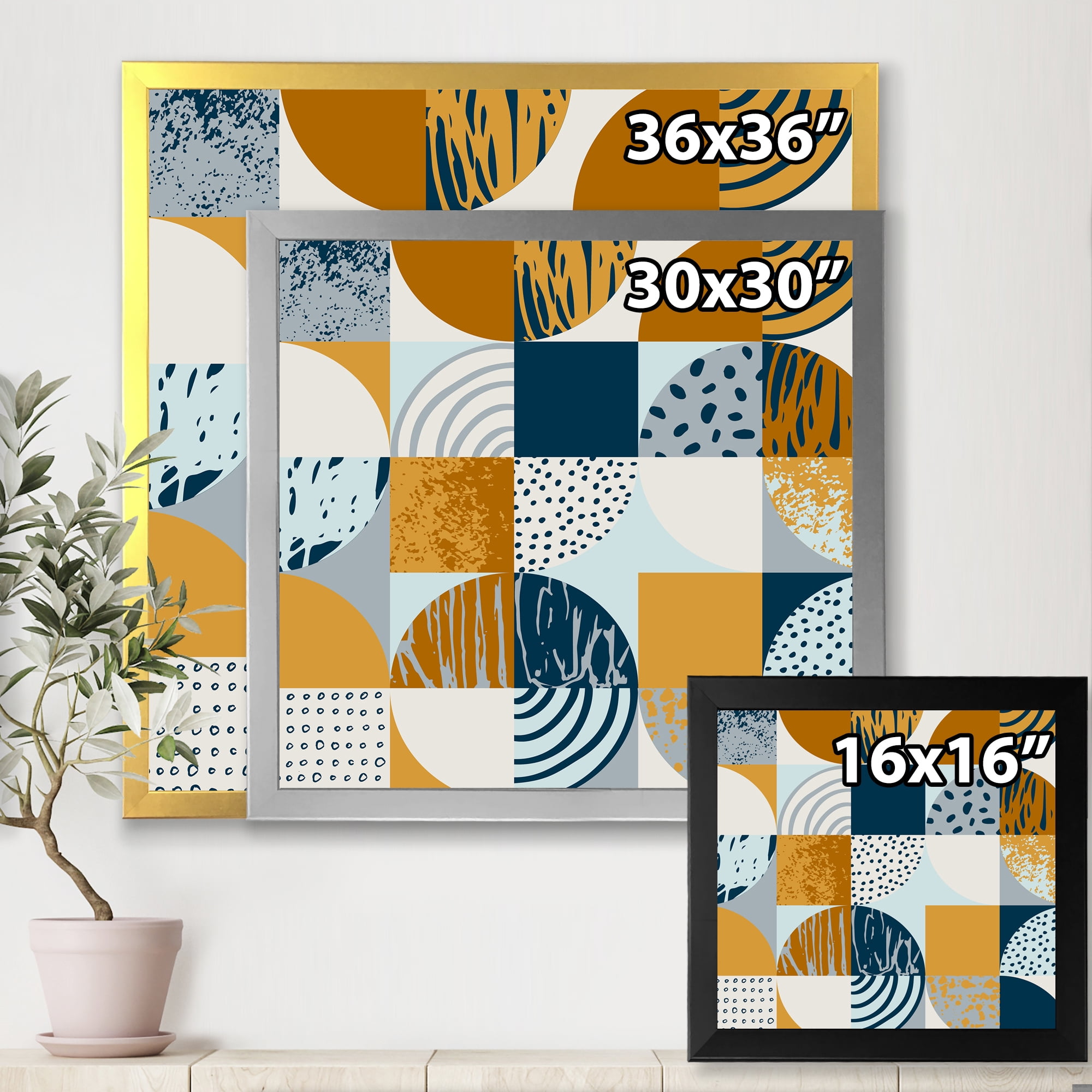 Designart 'Retro Semicircles Squares and Circles' Modern Framed Art Print
