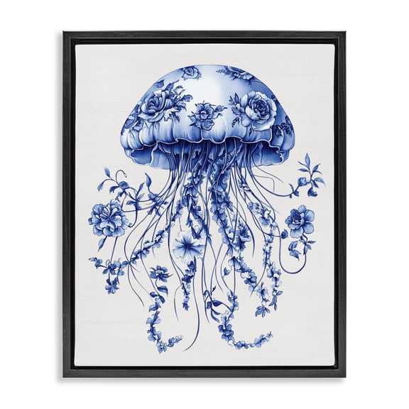 Funky Vintage Toile Jellyfish Black Framed Floater Canvas Wall Art, design by Lettered and Lined