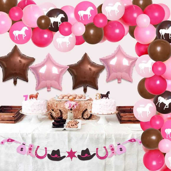 Western Cowgirl Birthday Party Supplies Horse Themed Party Decoration for 1st 2nd 3rd Birthday, Girls Baby Shower Decorations Cowgirl Balloon Garland Pink