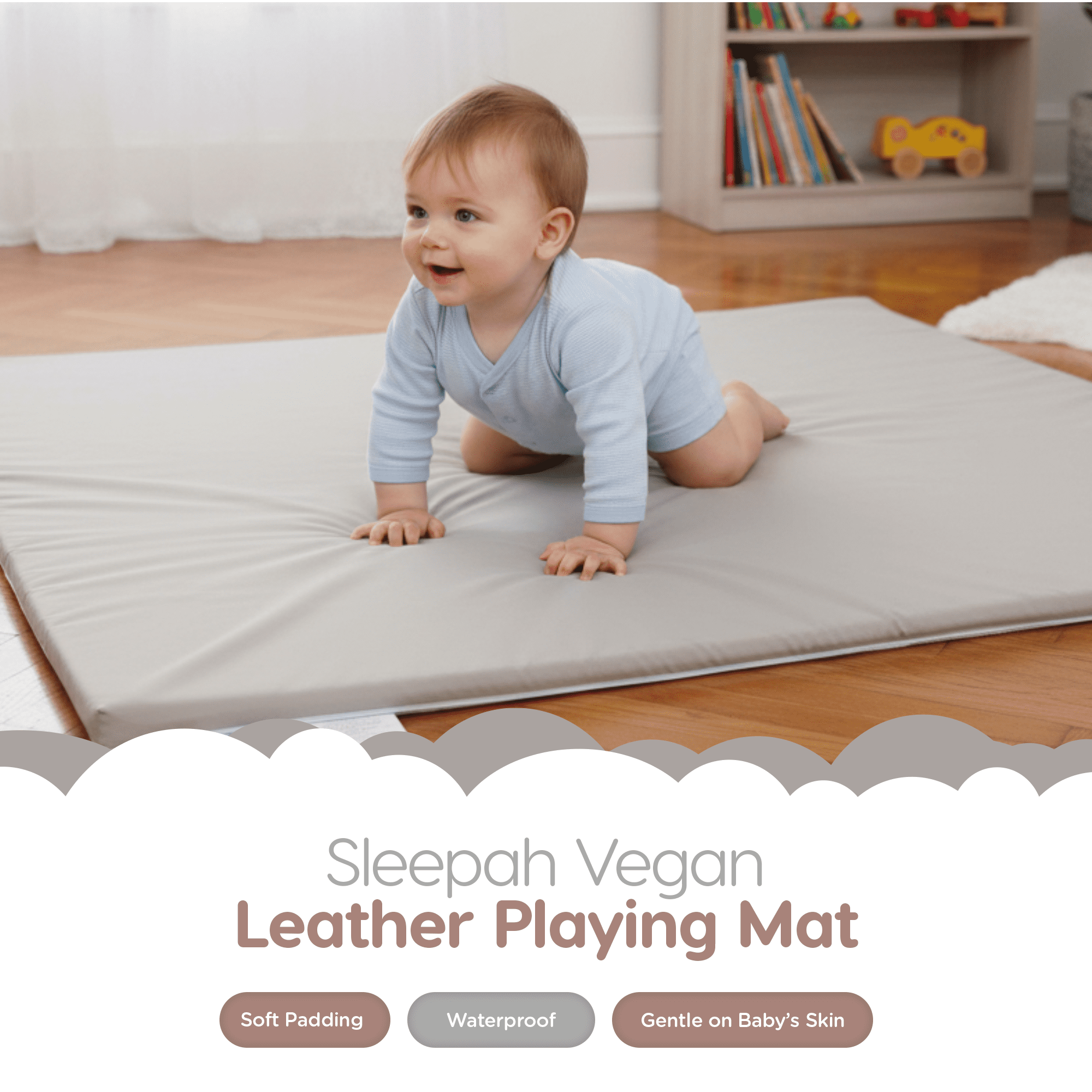 Sleepah Baby Play Mat for Floor 50" x 50" – Waterproof Vegan Leather Tummy Time Mat – Easy to Clean with Removable Cover – Foam Support with Non-Slip Bottom for Infant, Kids & Toddler Crawling