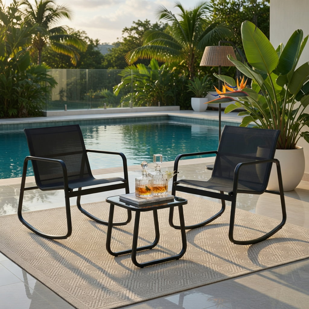 Hommoo 2-Piece Rocking Bistro Set with Tempered Glass Table, Outdoor Patio, Balcony & Backyard Seating for Adults, Black
