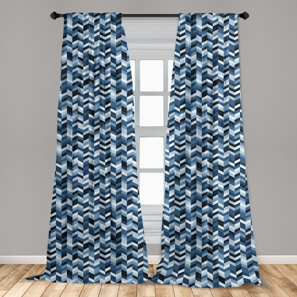 Navy Curtains 2 Panels Set, Soft Pastel Toned Modern Herringbone