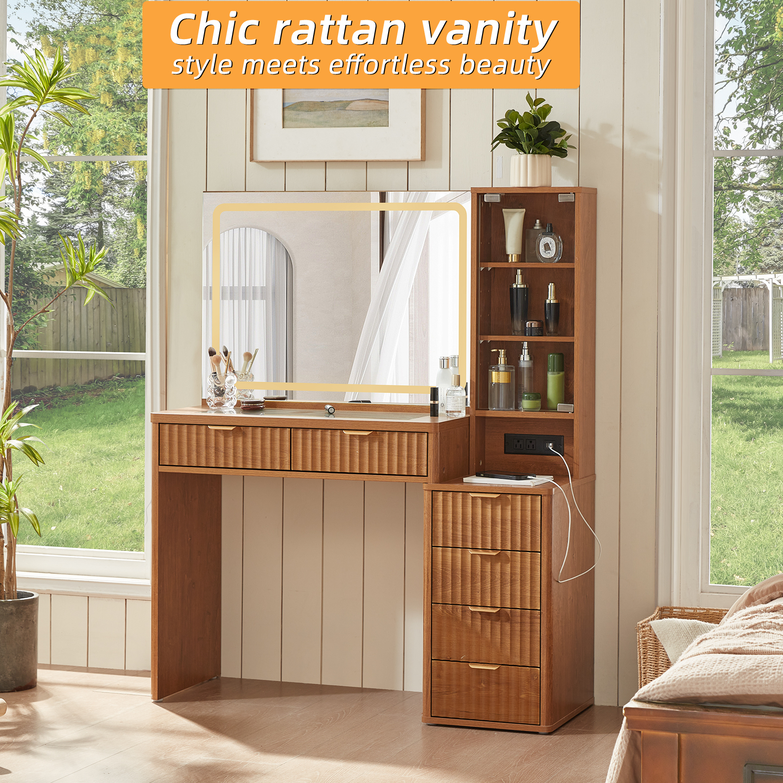 43.5" Fluted Vanity Desk with Mirror, LED Light, Power Outlet, Makeup Vanity with Storage Cabinet and Foldable Panel, Vanity Set with Cushioned Stool - Brown