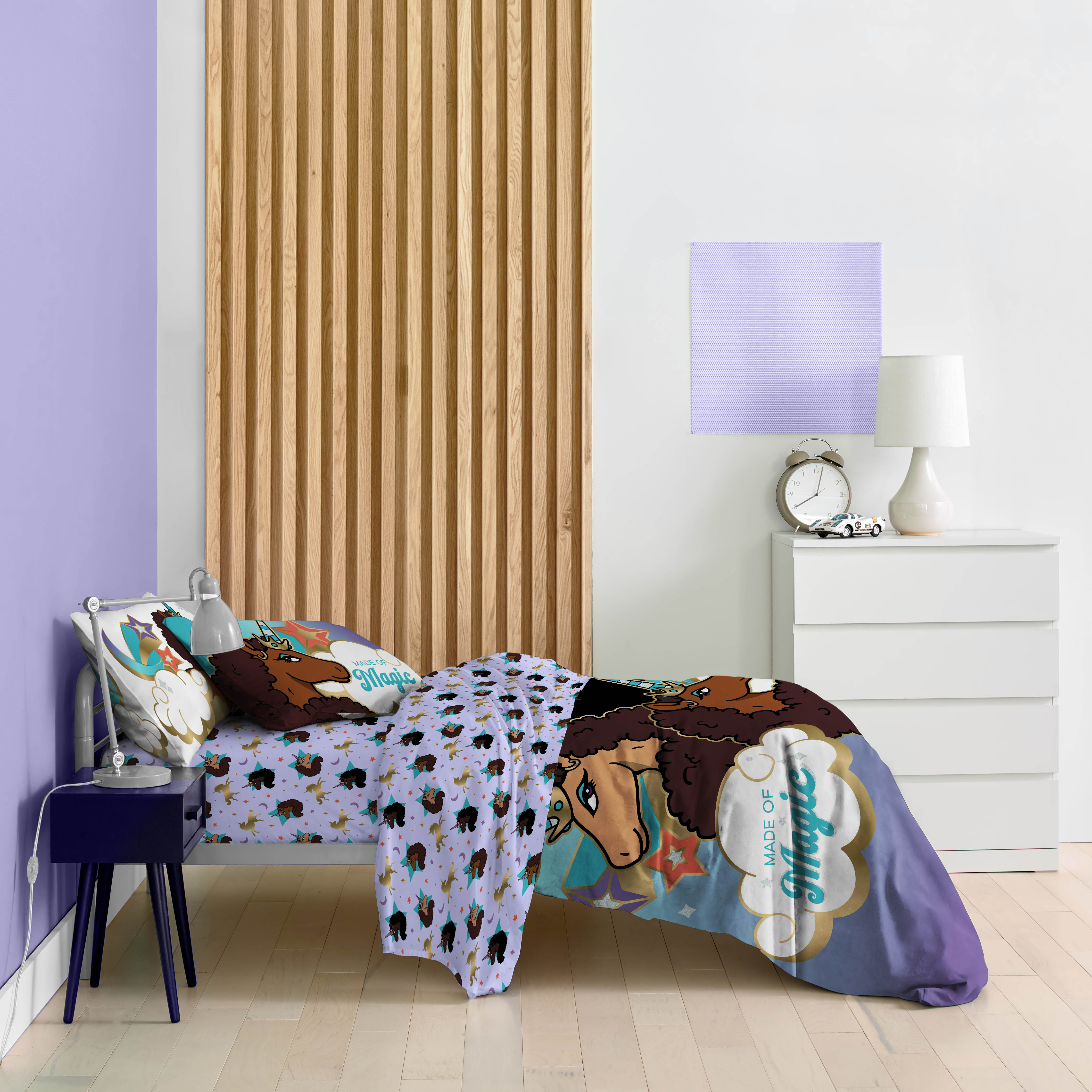 Afro Unicorn Blue 5 Piece Twin Bed Set w/ Sham, 100% Microfiber