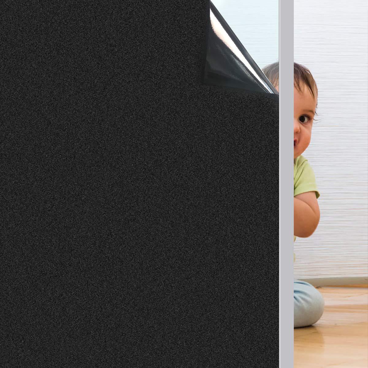 Coavas Blackout Window Film Non Adhesive Static Cling Darkening Black Frosted Insulation Privacy Removable 100% Light Blocking for Babys Room Bedroom and Home 35.6 x 118 