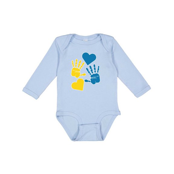 Inktastic Down Syndrome Awareness with Handprints and Hearts Blue and Yellow Boys or Girls Long Sleeve Baby Bodysuit