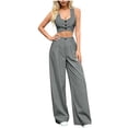 thumbnail image 2 of Bloomae Two Piece Sets for Women Summer Sleeveless Ruched Button Down V Neck Cropped Tank Tops and Elastic Waist Wide Leg Pants with Pockets Matching Sets Gray M, 2 of 8
