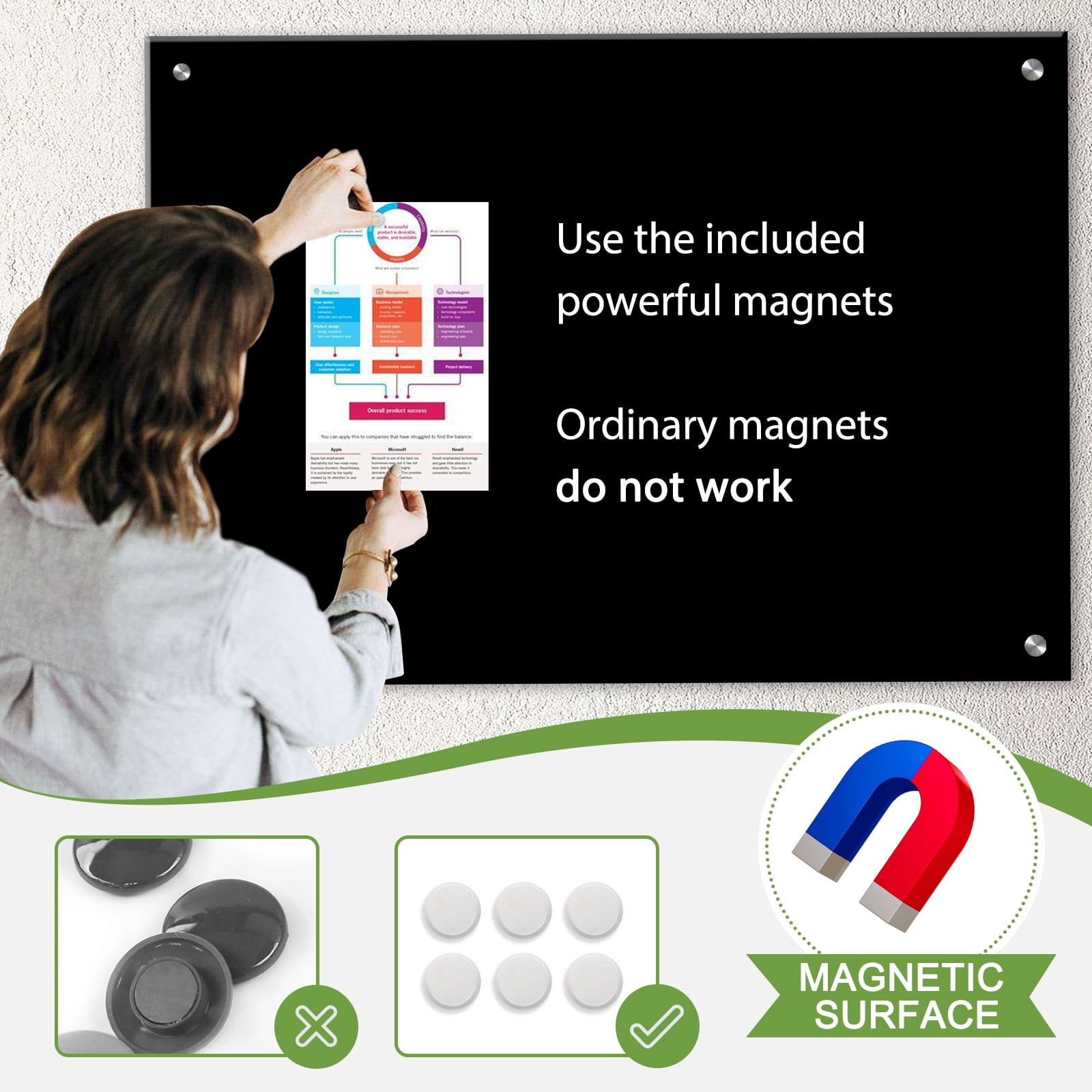 Black Glass Dry Erase Board 24"x18" Magnetic Glass Board, Framless Black Glass Whiteboard for Wall, Bulletin Board for Office, with Strong Magnets and Marker