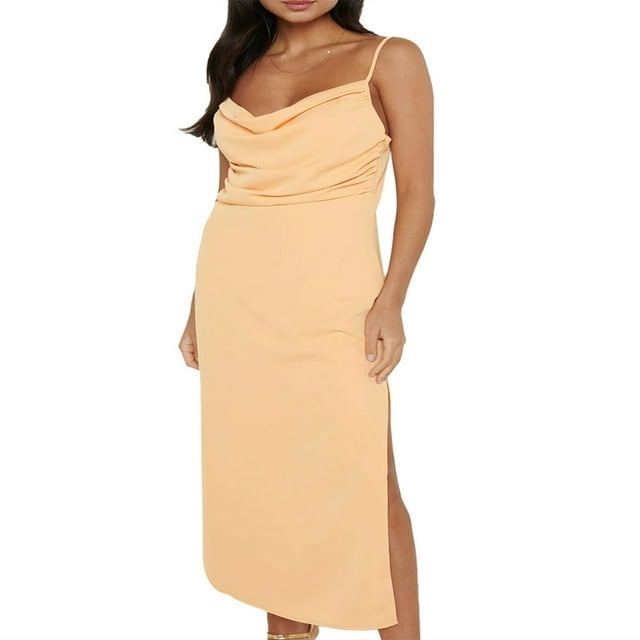 EIMELI Femmes Col Capot Bretelles Spaghetti Midi Robe Côté Divisé Sans Manches Dos Froncé Bodycon Formelle Longues Robes