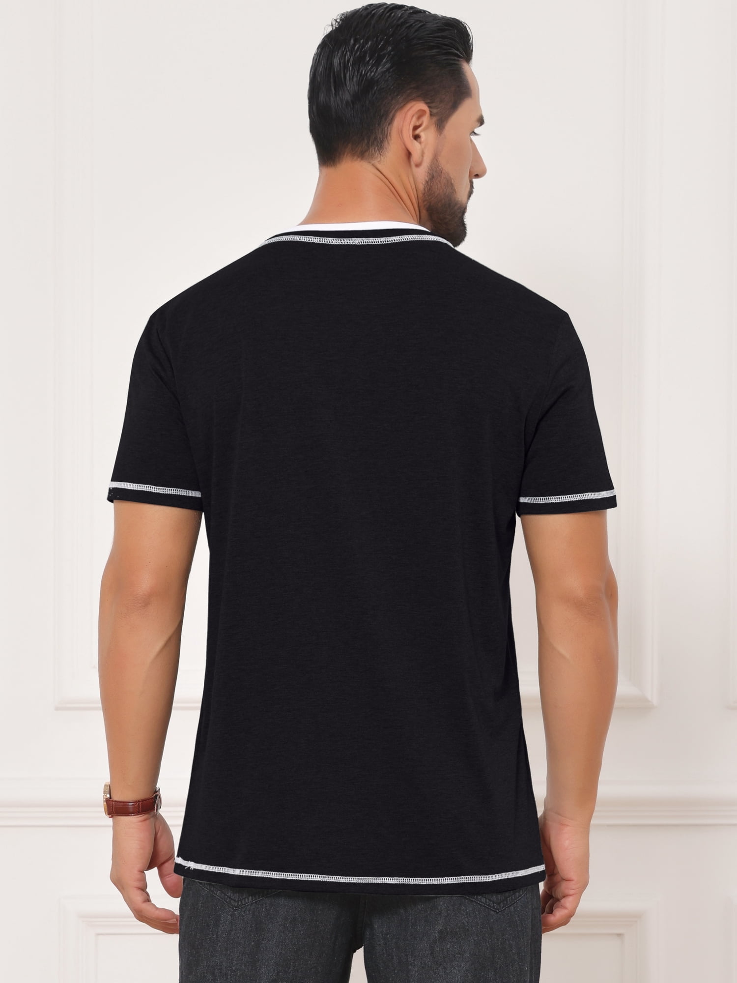 DARING DIVA Men's Henley V-Neck Colorblock Button Down Short Sleeve T-Shirt XL Black