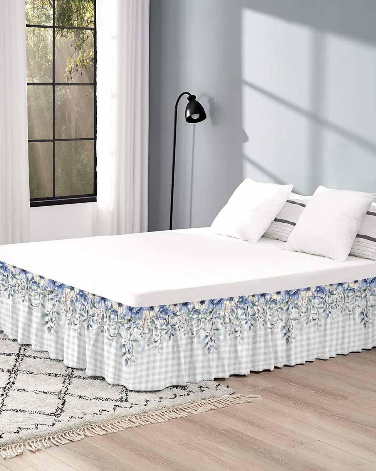 Eucalyptus Flowers Wrap Around Bed Skirts for Queen Bed 18" Drop,Bed Skirt with Adjustable Elastic Belt Dust Ruffle Bed Valance for Bedroom Hotel Botanical Floral Leaves Gray Plaid Bed Frame Cover