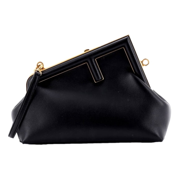 Fendi First Midi Clutch Crossbody Bag Black Nappa Leather 8BP137 Gold FF Logo Frame Made in Italy