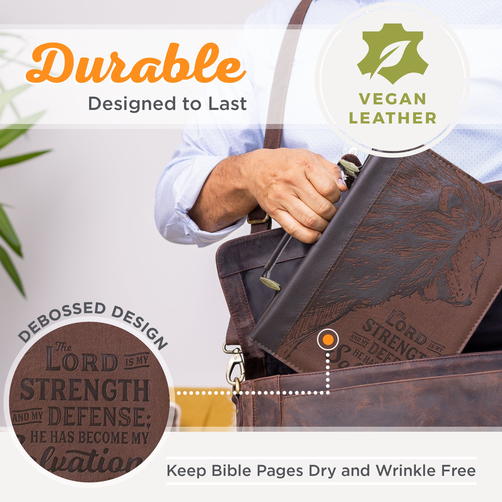 Christian Art Gifts Lord is My Strength w/Lion Exodus 15:2 Faux Leather Classic Bible Cover Case, Brown, Large