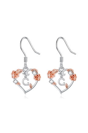 Christmas Gifts Rose Heart Earrings Valentine's Day Women's Gift, 925 Sterling Silver Rose Heart Initial Drop Dangle Love Earring Jewelry, Suitable for Mom, Wife, Girlfriend-G