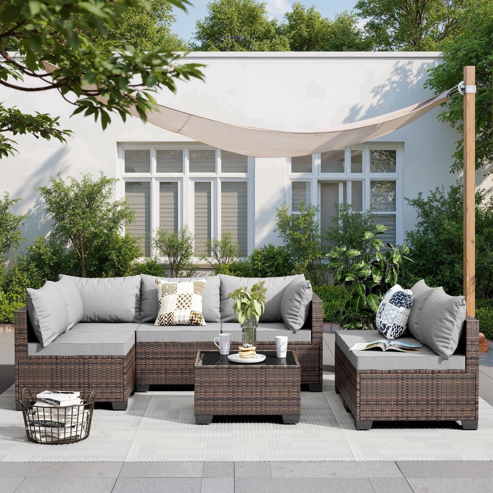 JORVIMAX 7 Piece Patio Furniture Set Outdoor Conversation Sets All-Weather Brown Rattan Wicker Patio Sectional Sofa with Cushions Light Gray