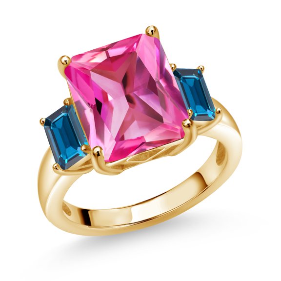 Gem Stone King 7.92 Ct Pink Created Sapphire London Blue Topaz 18K Yellow Gold Plated Silver 3-Stone Ring (Size 7)