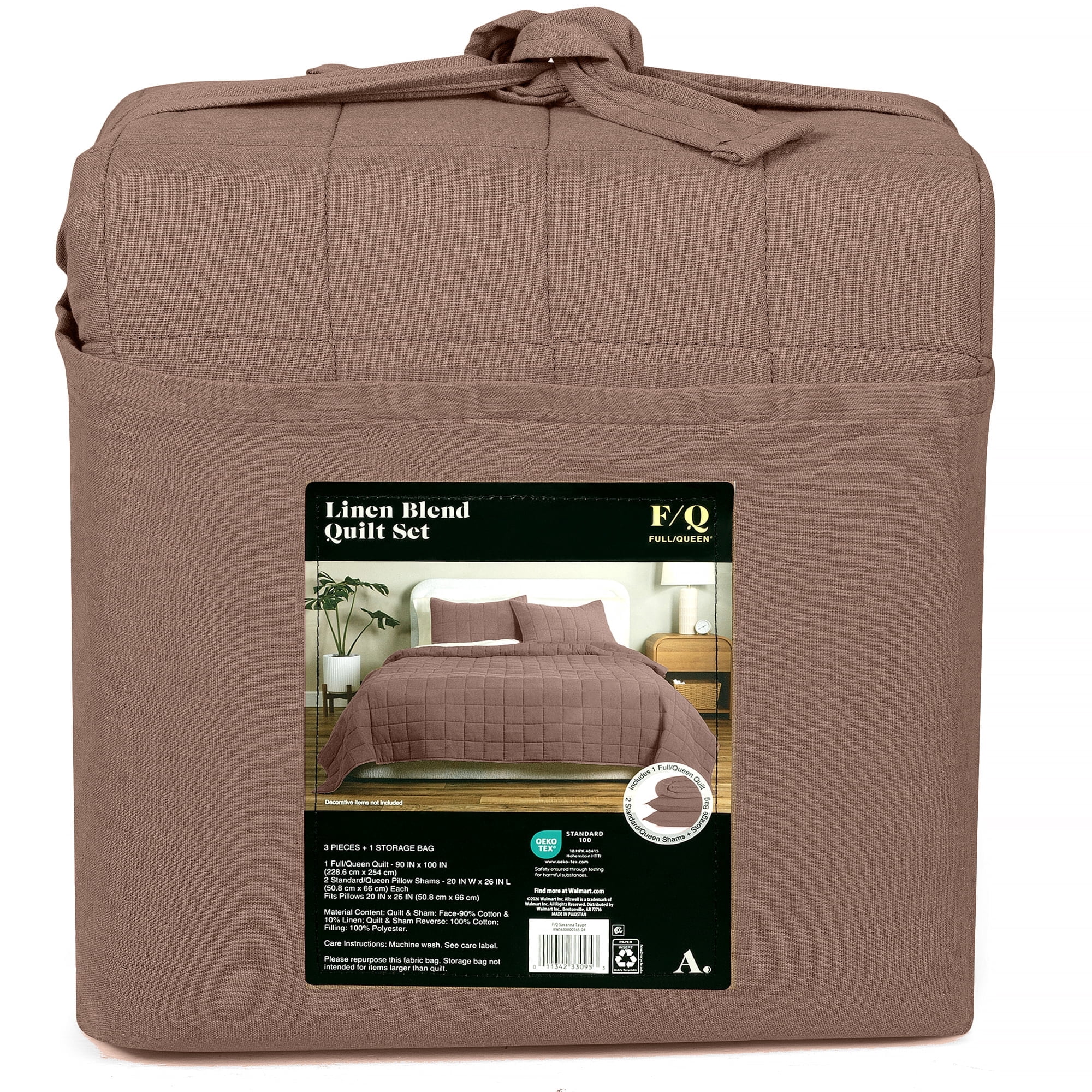 Allswell Linen Blend 3-Piece Quilt Set, Full/Queen, Savannah Taupe Brown