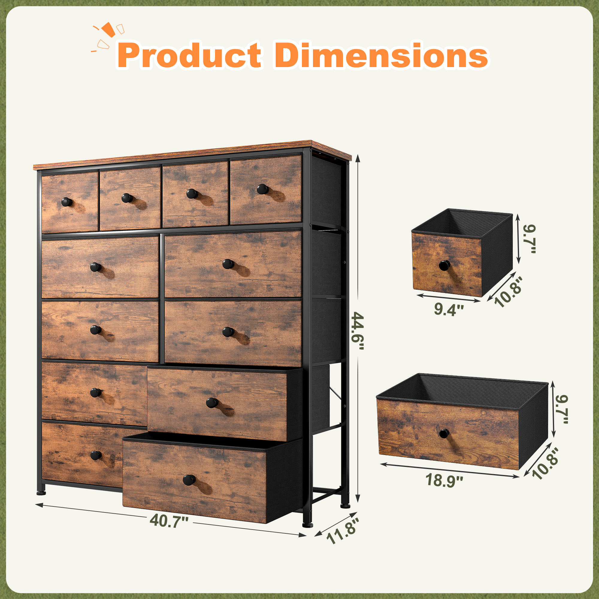 Romorgniz Tall Dresser for Bedroom with 12 Drawers Dresser for Closet Facric Dressers and Chests of Drawers, Sturdy Metal Frame, Wood Top, Rustic Brown
