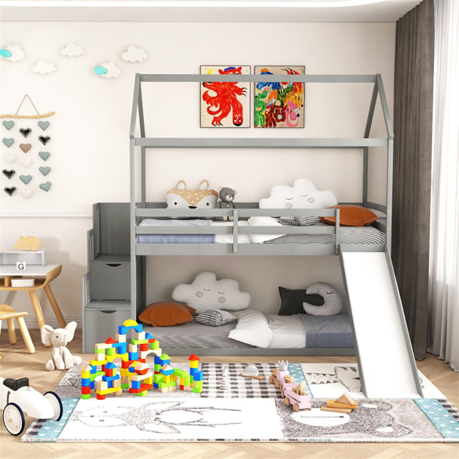 Demi Bonn Twin Over Twin Bunk Bed with Slide and 2-Step Storage Staircase, Solid Wood Loft Bed with Ladder and Full-length Guardrails, Gray