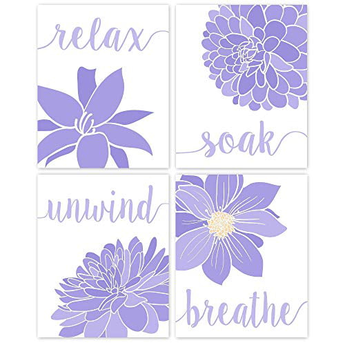 Unwind 8x10 Set of 4 Relax Breathe Purple & White Bath Flower Signs Poster Prints Wall Art Decor Gifts Under 20 for College Studio Soak Unframed Photos Student Home Bathroom Floral Fan 