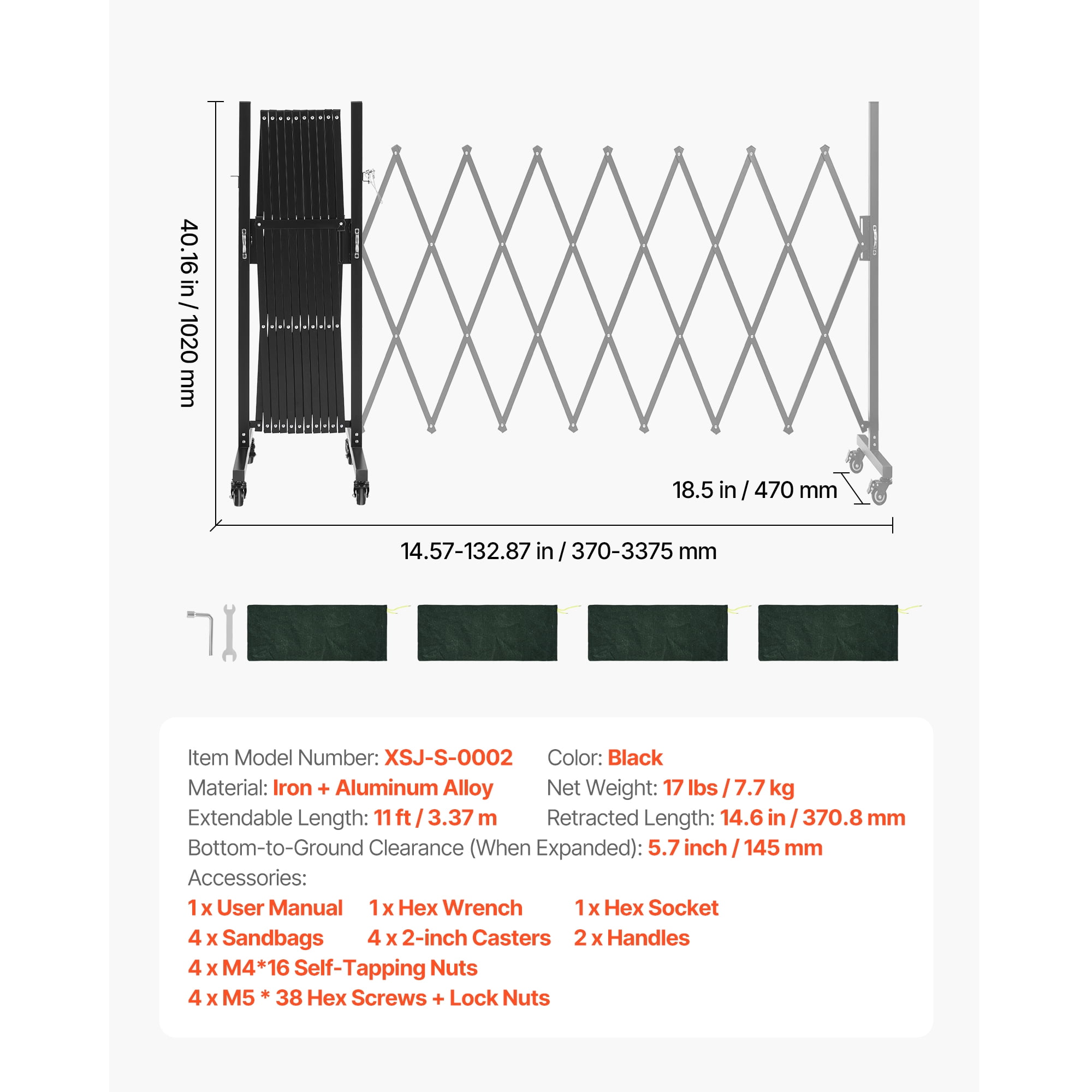 KFFKFF Expandable Barricade, 11FT Adjustable Safety Barrier, Mobile Folding Gate with Lockable Wheels, Portable Metal Traffic Fence for Patio, Garden, Stairways