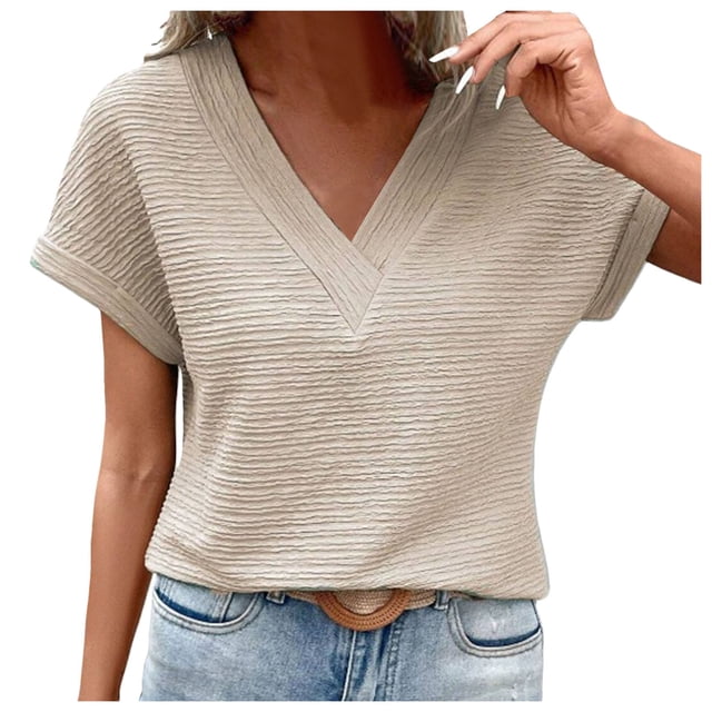 TSADFHJI Ladies Tops for Fall Boho Womens Short Sleeve Textured Tops Summer Casual V Neck Solid Loose Basic T Shirts S Beige