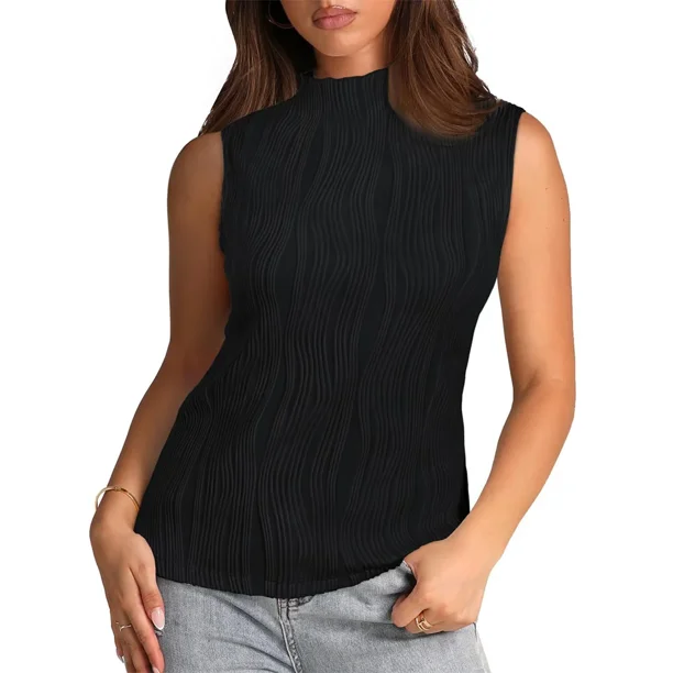 Chaleco a rayas de onda de Color sólido para mujer, camisetas sin mangas de Cuello medio alto, camiseta sin mangas para mujer, ropa de calle de tendencia