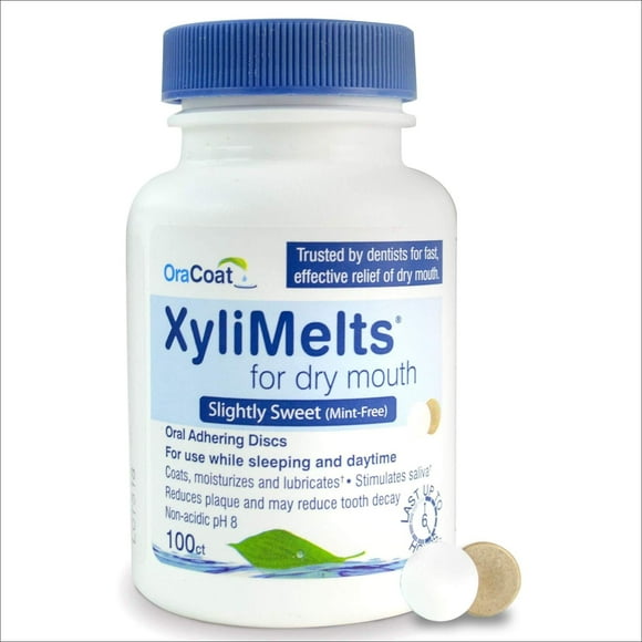 OraCoat XyliMelts Dry Mouth Relief Oral Adhering Discs Slightly Sweet with Xylitol, For Dry Mouth, Stimulates Saliva, Non-Acidic, Day and Night Use, Time Release for up to 8 Hours, 100 Count.