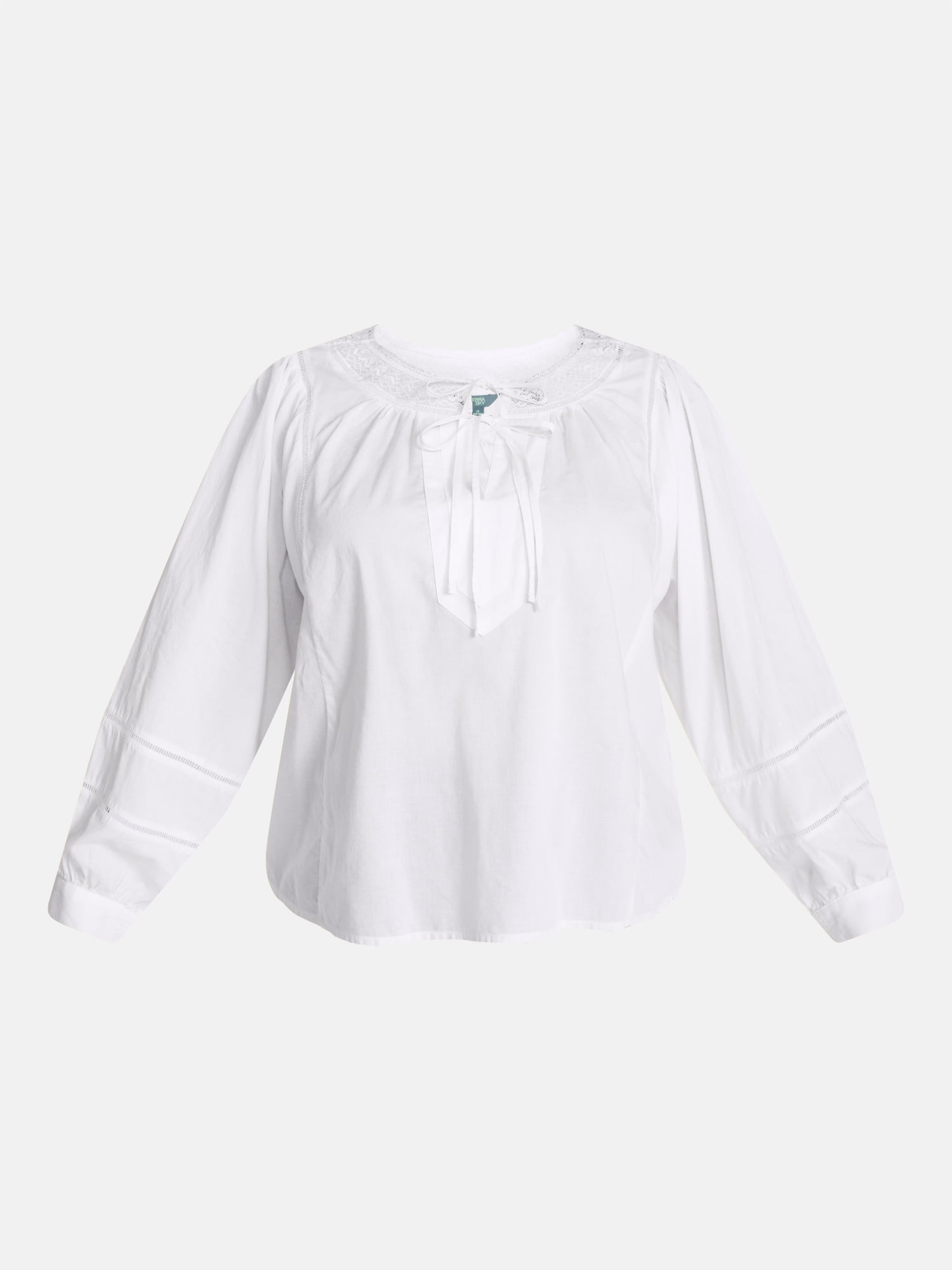Terra & Sky Women's Plus Tie Front Geo Eyelet Cotton Blouse with Long Sleeves, Sizes 0X-5X