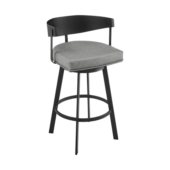 Lacey 30" Swivel Bar Stool in Black Iron with Black Walnut Finish and Vintage Gray Faux Leather