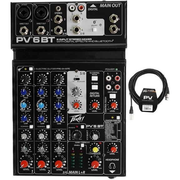 Peavey PV 6 BT 6 Channel Compact Mixing Mixer Console with Bluetooth 20' XLR