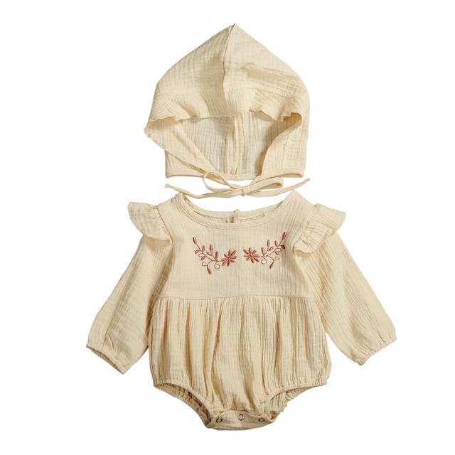 Children Clothes Breathable Cotton Linen Ruffled Sleeve Infant Romper Baby Flower Embroidery Jumpsuit Set with Solid Color Hat