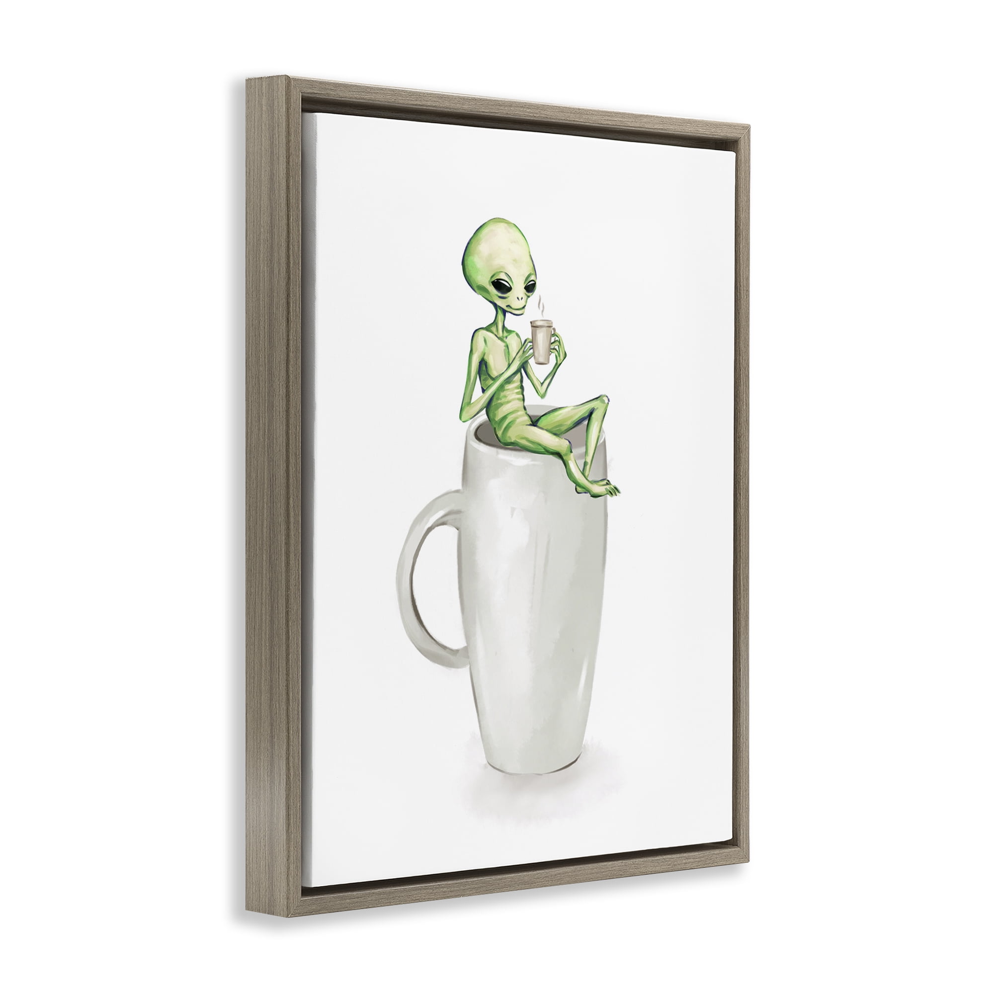 Stupell Industries Alien & Coffee Mug Food & Beverage Painting Brown Floater Framed Art Print Wall Art, 25 x 31