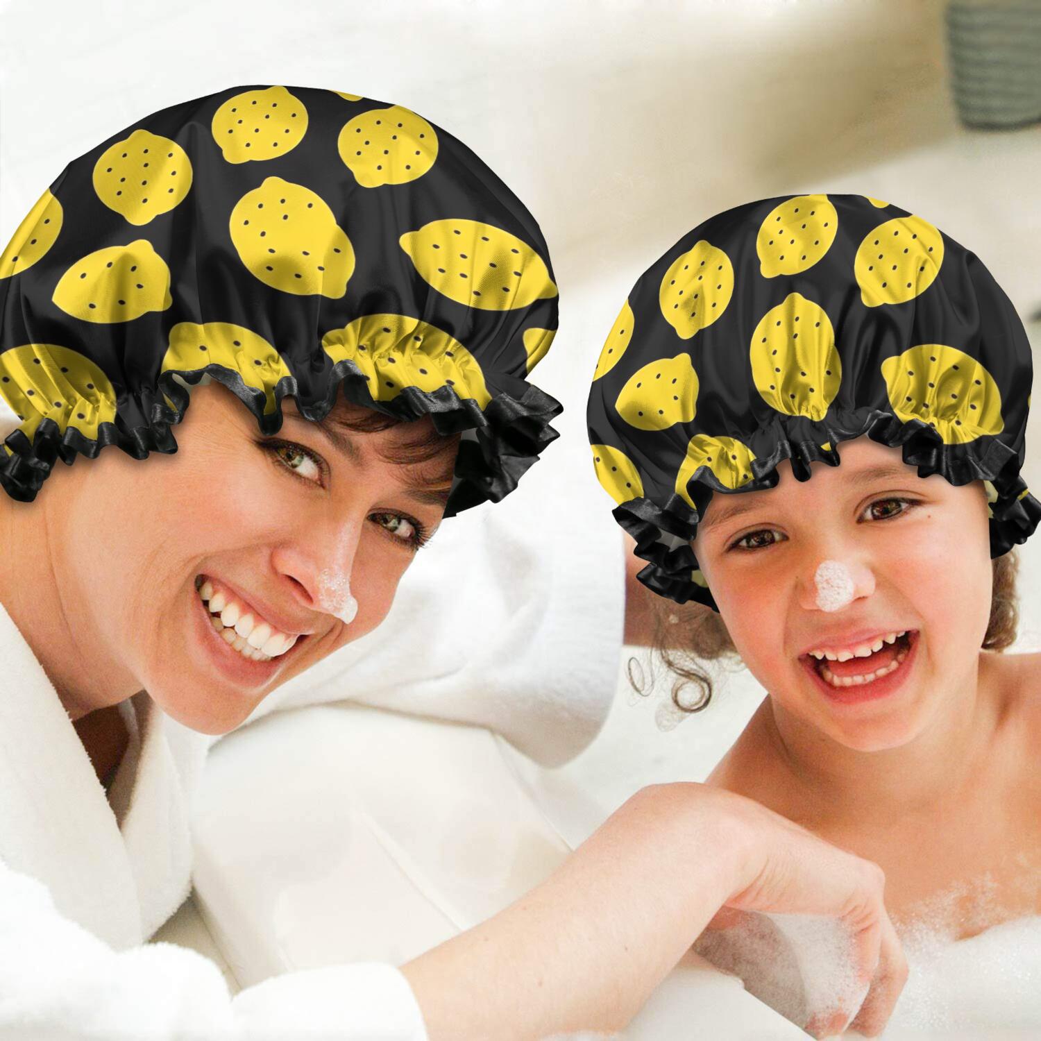 Shower Caps,Yellow Lemon Fruit Dots Black Pattern Waterproof Shower Cap for Women 4 Pieces,Double Reusable Hair Cover for Shower PEVA Elastic Stretch Hem