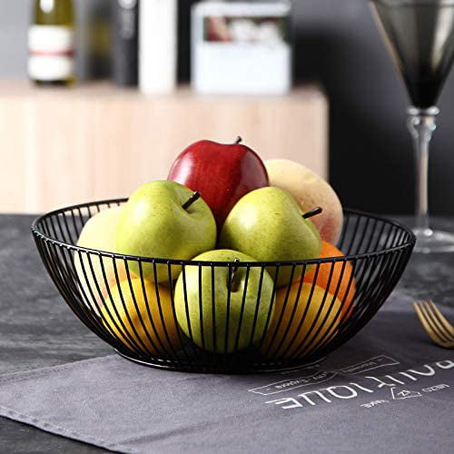 Sooyee Metal Wire Fruit Basket,Large Round Storage Baskets for Bread,Fruit,Snacks,Candy,Households Items.Fashion Fruit Bowl Decorate Living Room Countertop Black Kitchen