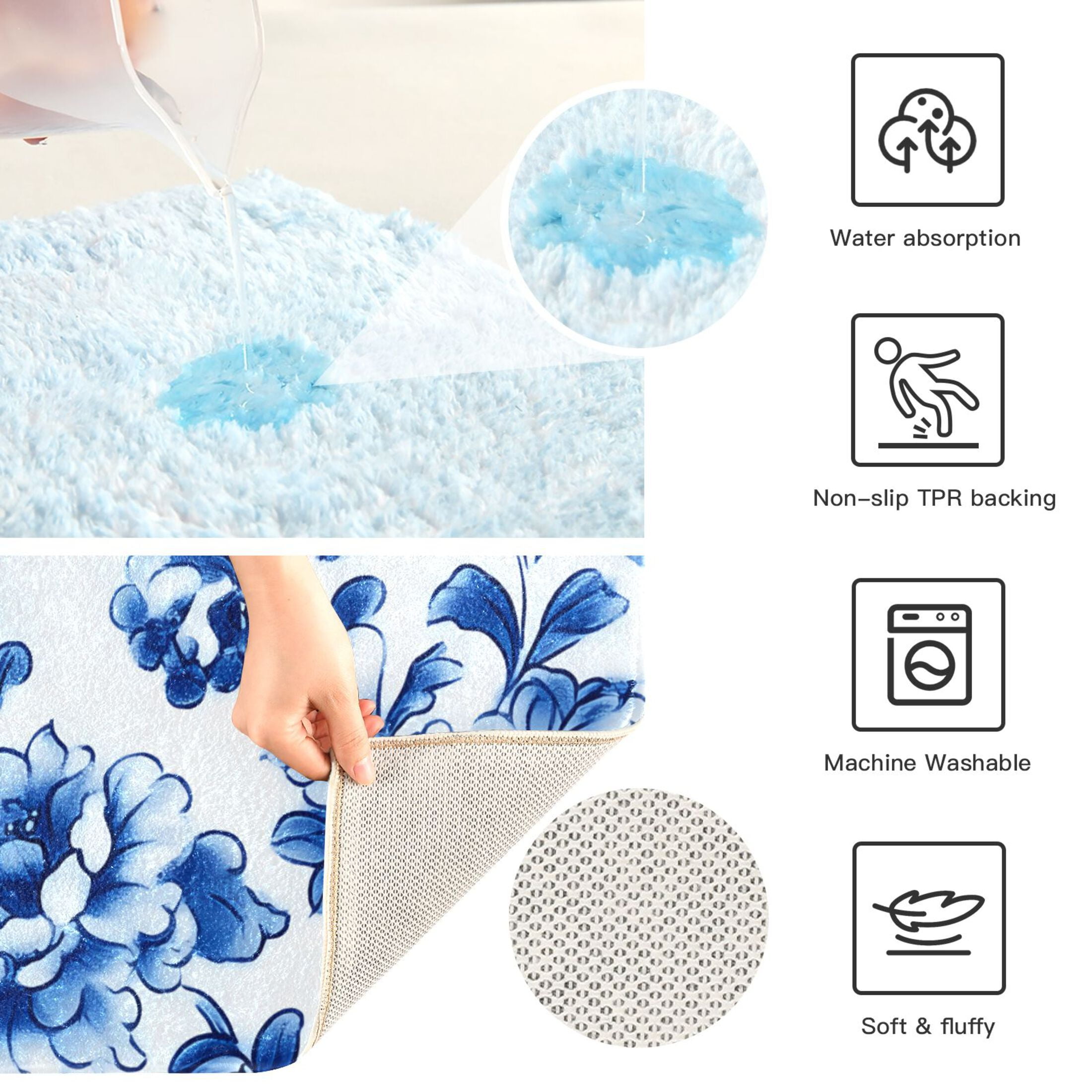 Toilet Rug Set Non-Slip Bathroom Rugs Soft Plush Machine Washable Contour Bath Mat Blue and White Porcelain Floral 24x20/24x16