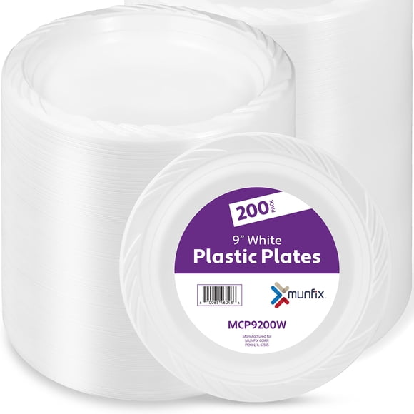 Munfix 200 White Plastic Plates Set - 9 Inch Disposable Dinner Plates Bulk Pack, for Party, BBQ, Picnic, Parties, Travel and Events, Microwavable Rec